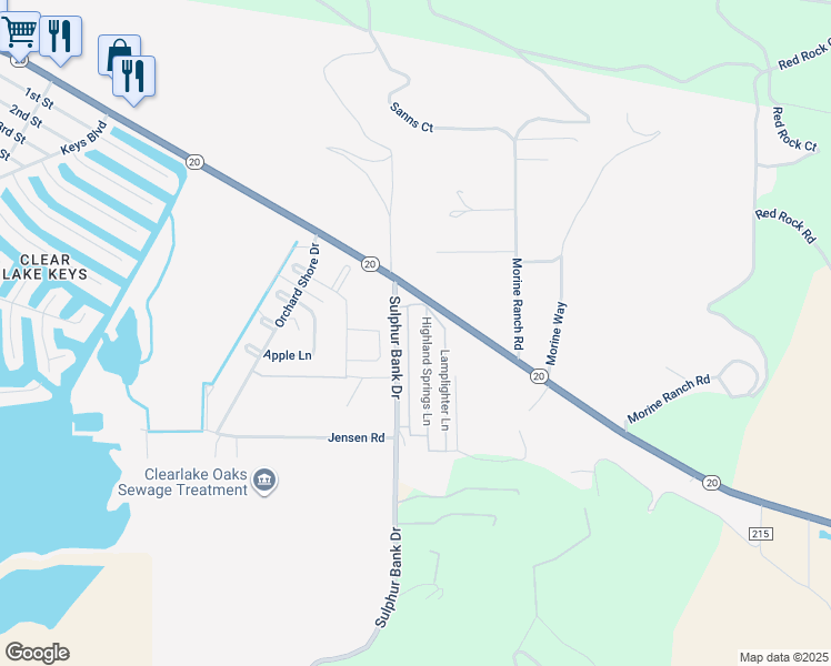 map of restaurants, bars, coffee shops, grocery stores, and more near 400 Sulphur Bank Drive in Clearlake Oaks
