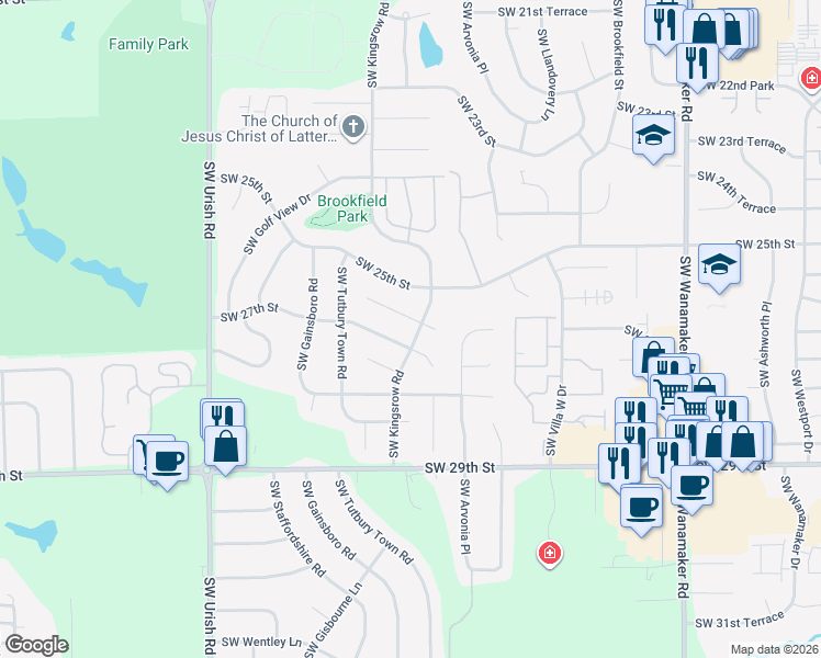 map of restaurants, bars, coffee shops, grocery stores, and more near 6518 Southwest 26th Court in Topeka