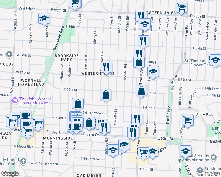 map of restaurants, bars, coffee shops, grocery stores, and more near 5914 Charlotte Street in Kansas City