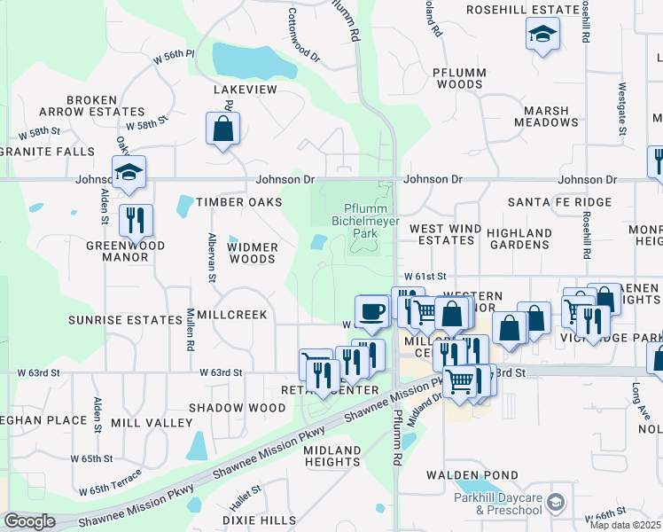 map of restaurants, bars, coffee shops, grocery stores, and more near 6000 Widmer Drive in Shawnee