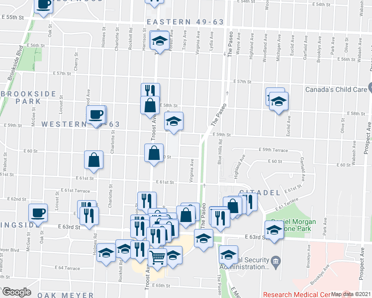 map of restaurants, bars, coffee shops, grocery stores, and more near 1311 East 59th Terrace in Kansas City