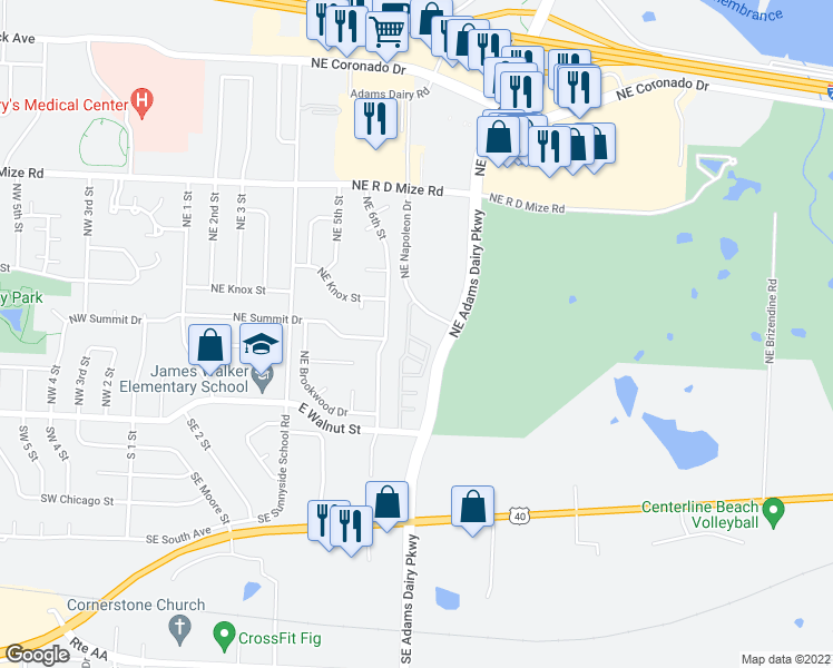 map of restaurants, bars, coffee shops, grocery stores, and more near 363 Northeast Adams Dairy Parkway in Blue Springs