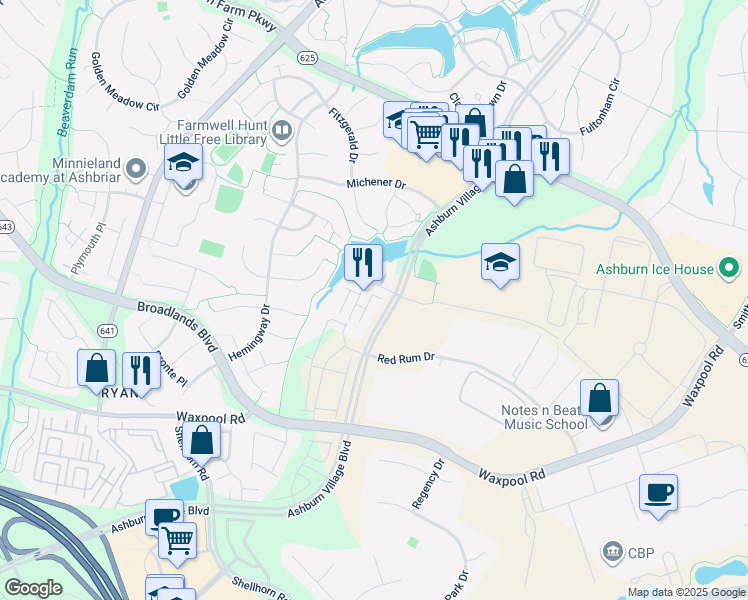 map of restaurants, bars, coffee shops, grocery stores, and more near 21670 Pattyjean Terrace in Ashburn
