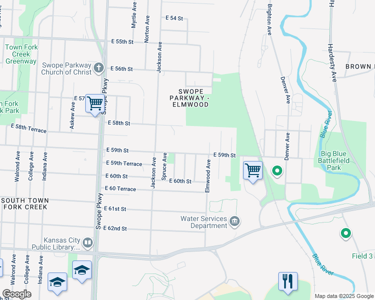 map of restaurants, bars, coffee shops, grocery stores, and more near 4311 East 58th Street in Kansas City