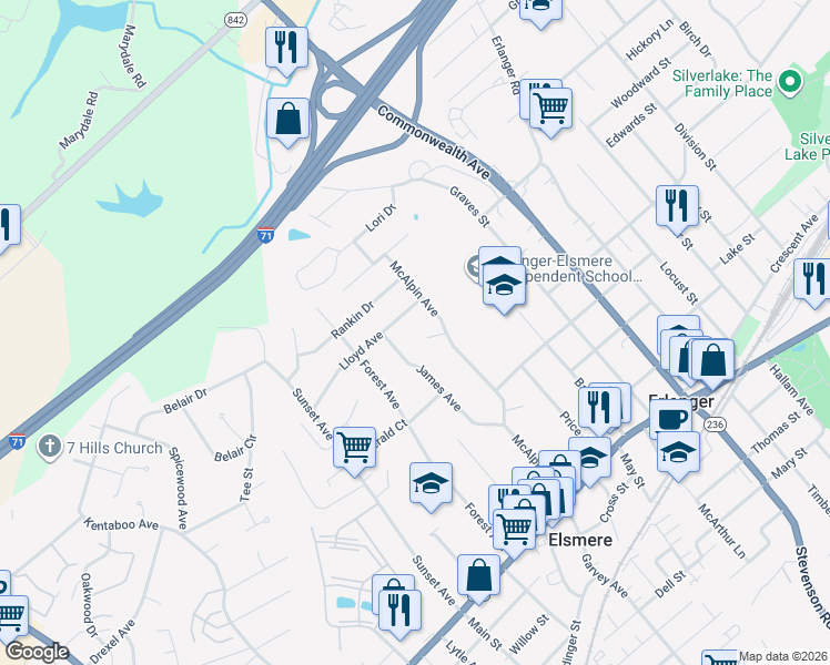 map of restaurants, bars, coffee shops, grocery stores, and more near 429 McAlpin Avenue in Erlanger
