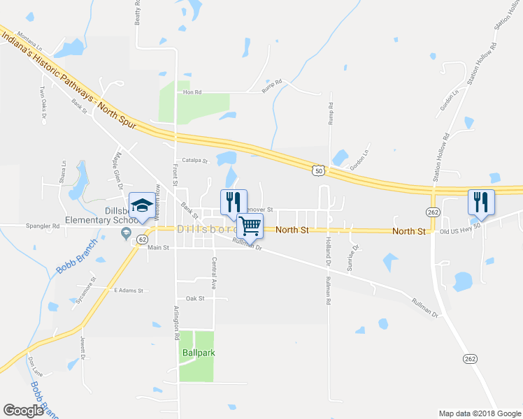 map of restaurants, bars, coffee shops, grocery stores, and more near 12711 Lenover Street in Dillsboro