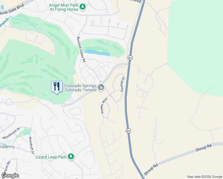 map of restaurants, bars, coffee shops, grocery stores, and more near 12996 Penfold Drive in Colorado Springs