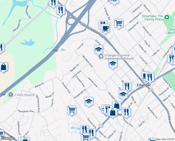 map of restaurants, bars, coffee shops, grocery stores, and more near 429 McAlpin Avenue in Erlanger