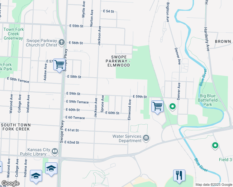 map of restaurants, bars, coffee shops, grocery stores, and more near 4311 East 58th Street in Kansas City