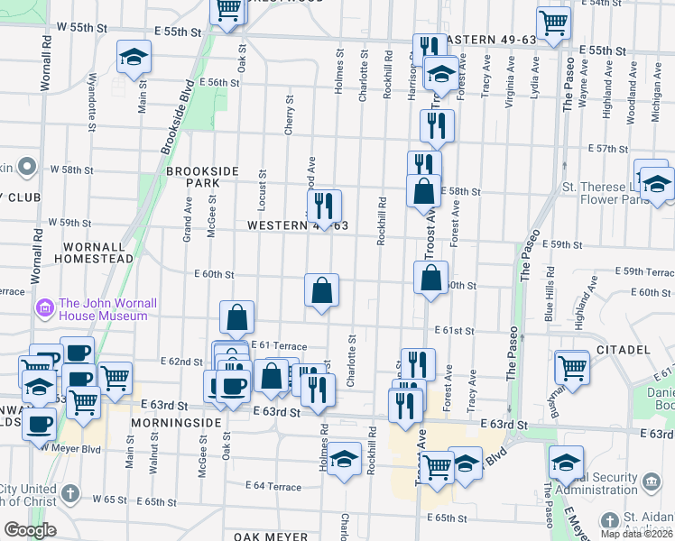 map of restaurants, bars, coffee shops, grocery stores, and more near 5914 Charlotte Street in Kansas City
