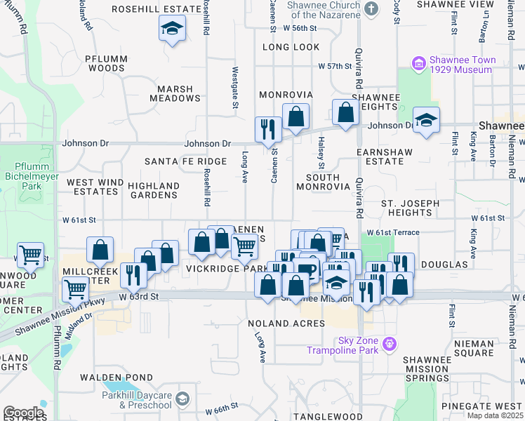 map of restaurants, bars, coffee shops, grocery stores, and more near 6014 Caenen Street in Shawnee