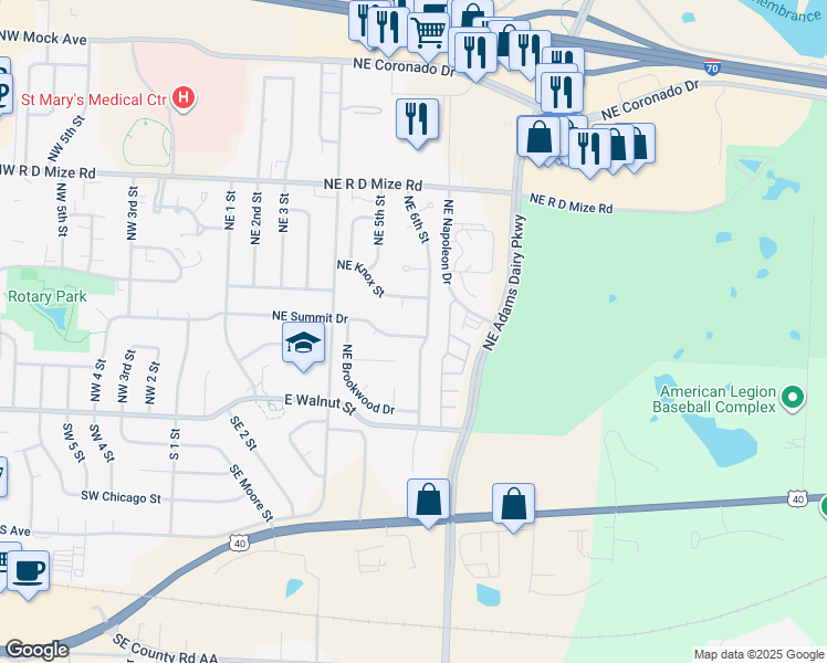 map of restaurants, bars, coffee shops, grocery stores, and more near 539 Northeast Summit Drive in Blue Springs
