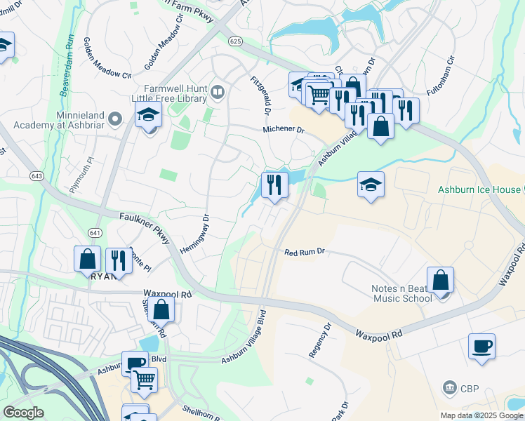map of restaurants, bars, coffee shops, grocery stores, and more near 21671 Charity Terrace in Ashburn