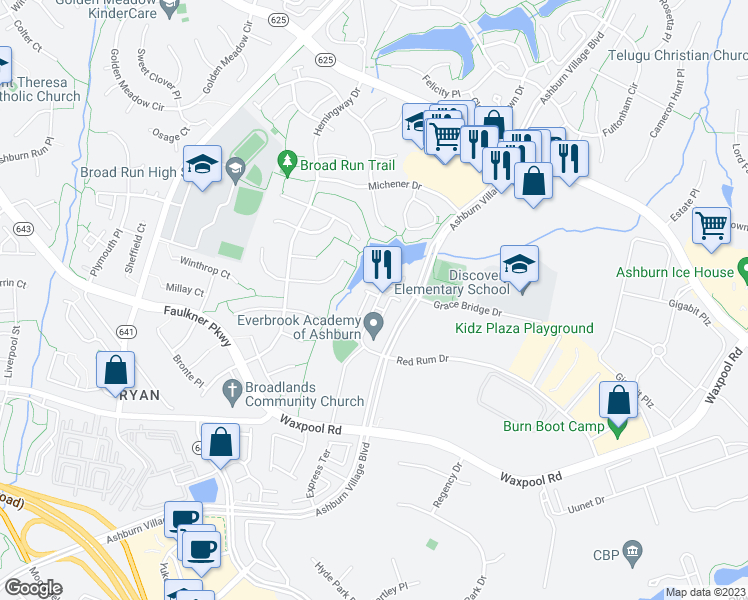 map of restaurants, bars, coffee shops, grocery stores, and more near 21619 Romans Drive in Ashburn