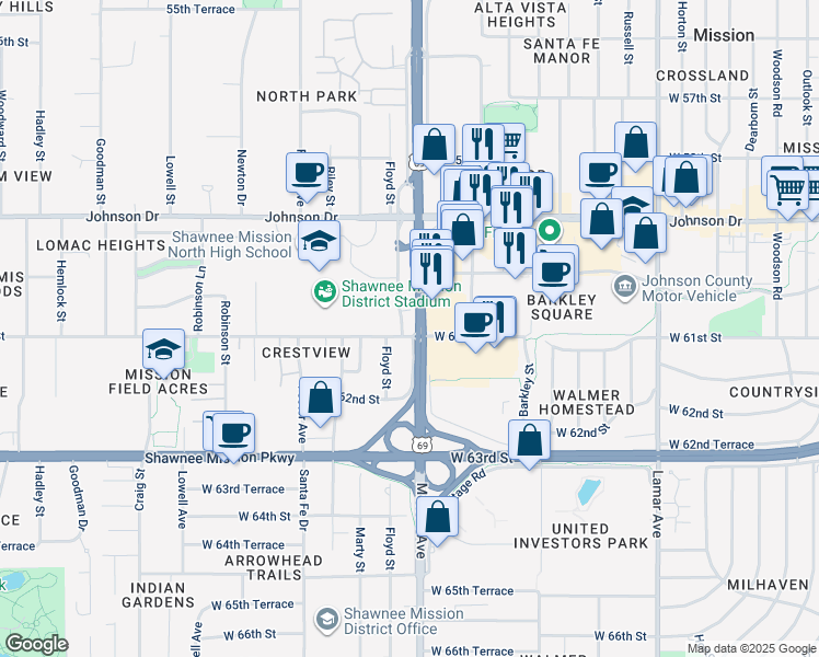 map of restaurants, bars, coffee shops, grocery stores, and more near 6027 Metcalf Lane in Mission