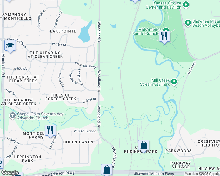 map of restaurants, bars, coffee shops, grocery stores, and more near 6091 Woodland Drive in Shawnee