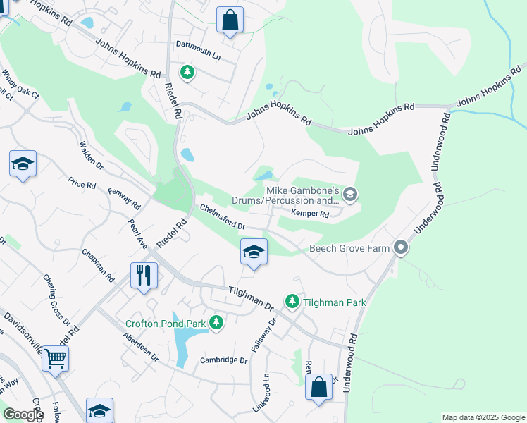 map of restaurants, bars, coffee shops, grocery stores, and more near 1504 Long Drive Court in Crofton