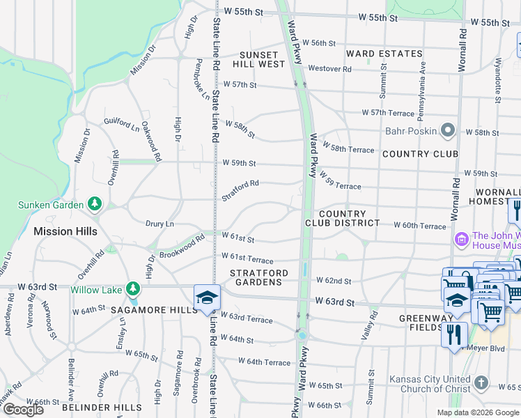 map of restaurants, bars, coffee shops, grocery stores, and more near 1224 Huntington Road in Kansas City