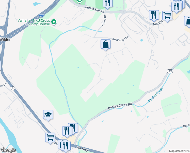 map of restaurants, bars, coffee shops, grocery stores, and more near 206 Ridge Hill Drive in Highland Heights