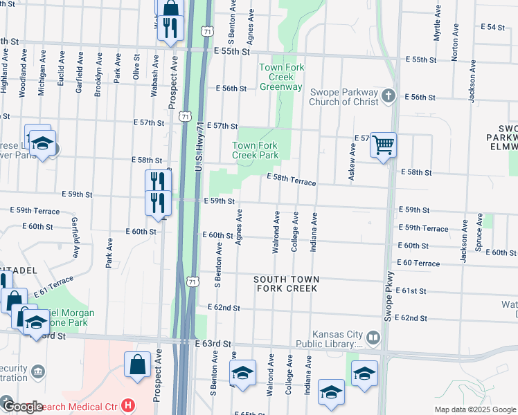 map of restaurants, bars, coffee shops, grocery stores, and more near 5839 Bellefontaine Avenue in Kansas City