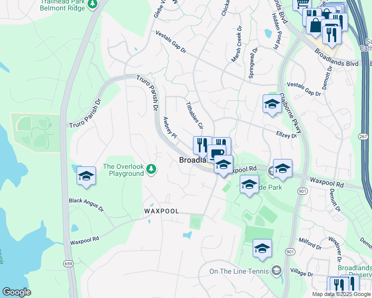 map of restaurants, bars, coffee shops, grocery stores, and more near 21591 Awbrey Place in Broadlands