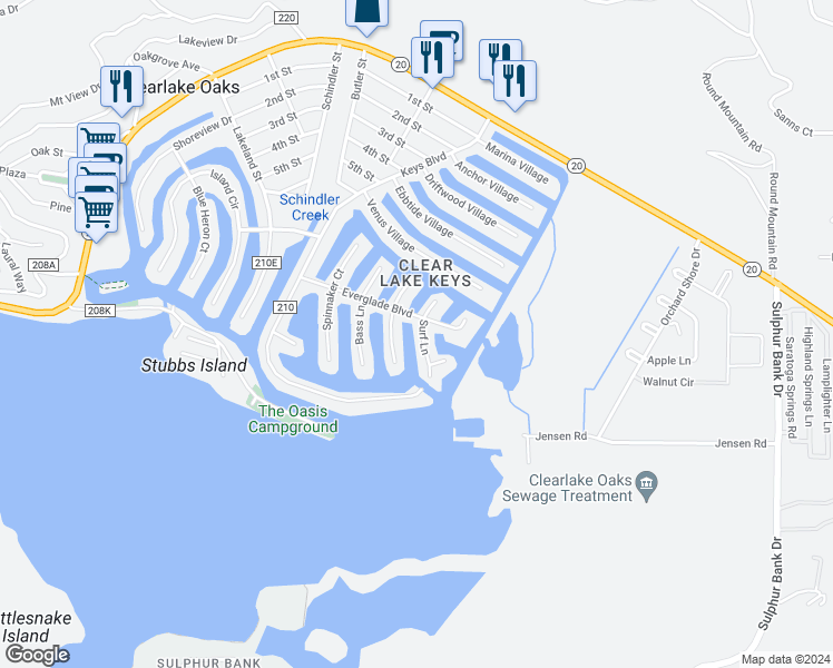 map of restaurants, bars, coffee shops, grocery stores, and more near 13292 Surf Lane in Clearlake Oaks