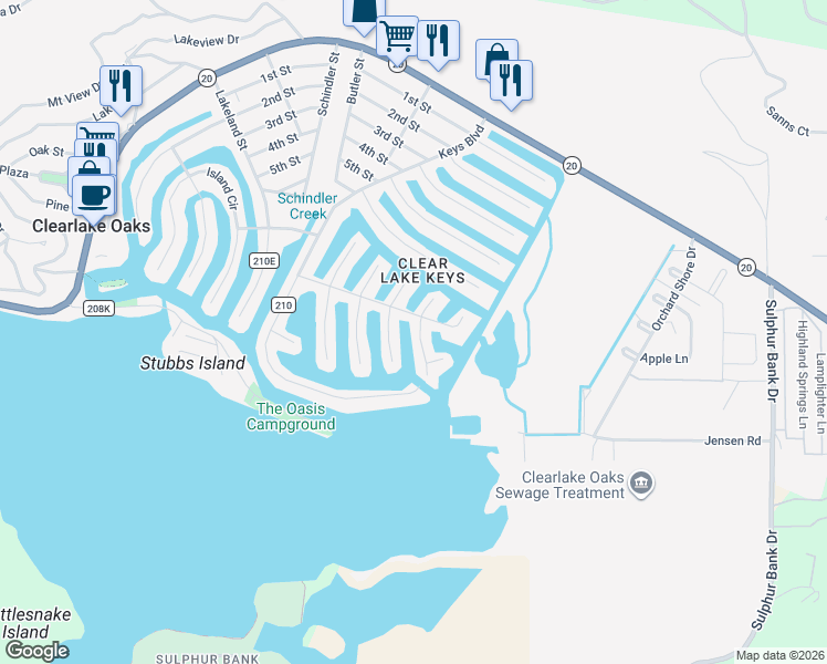 map of restaurants, bars, coffee shops, grocery stores, and more near 13292 Surf Lane in Clearlake Oaks