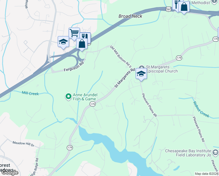 map of restaurants, bars, coffee shops, grocery stores, and more near 1664 Saint Margarets Road in Annapolis