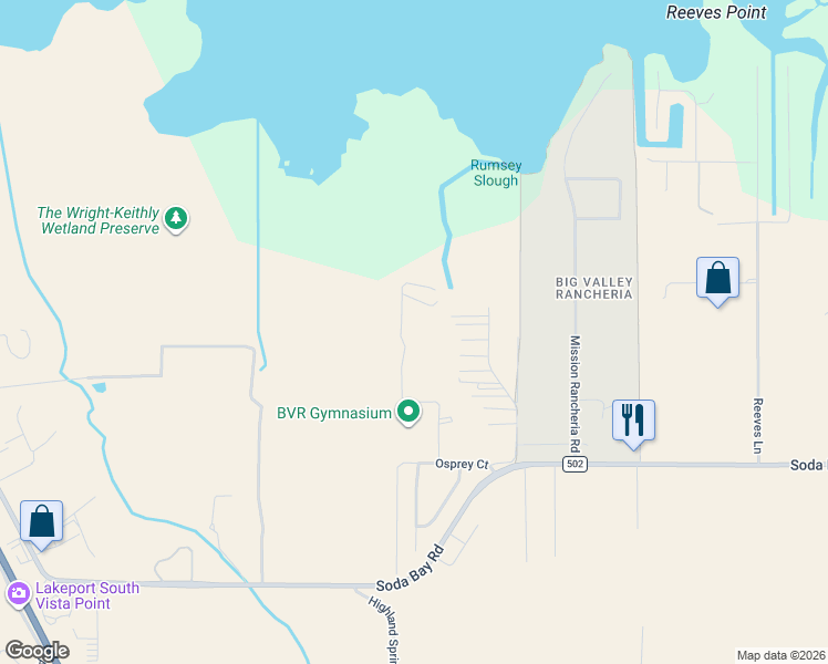map of restaurants, bars, coffee shops, grocery stores, and more near 2766 Park View Drive in Lakeport