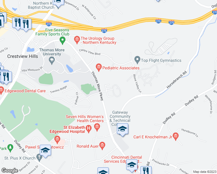 map of restaurants, bars, coffee shops, grocery stores, and more near 2616 Legends Way in Crestview Hills