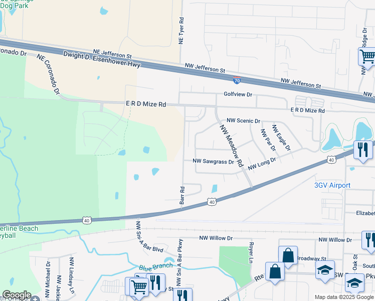map of restaurants, bars, coffee shops, grocery stores, and more near 211 Barr Road in Grain Valley