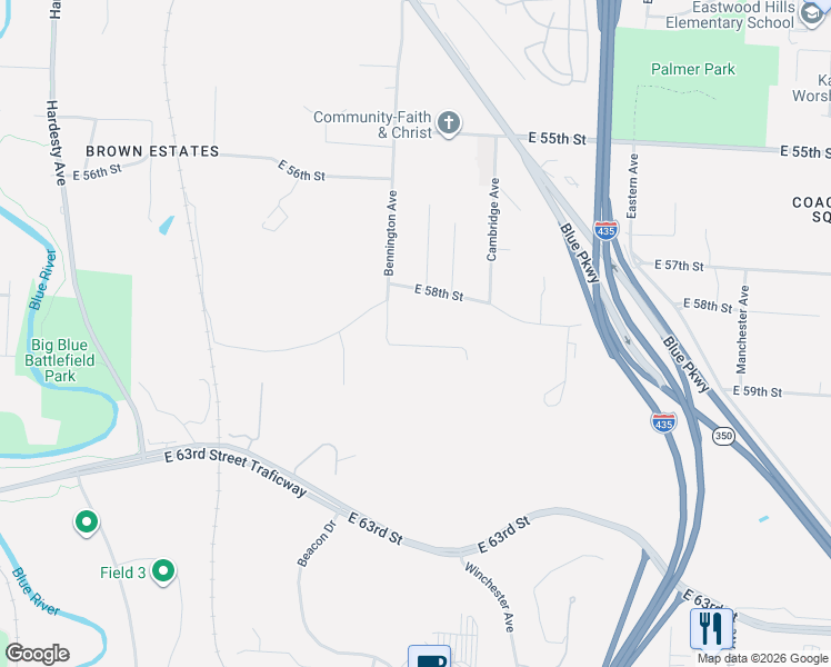 map of restaurants, bars, coffee shops, grocery stores, and more near 6715 East 58 Street in Kansas City