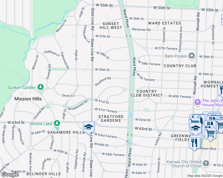 map of restaurants, bars, coffee shops, grocery stores, and more near 1224 Huntington Road in Kansas City