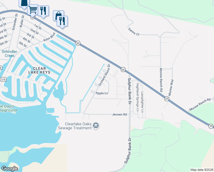 map of restaurants, bars, coffee shops, grocery stores, and more near 13953 Apple Lane in Clearlake Oaks