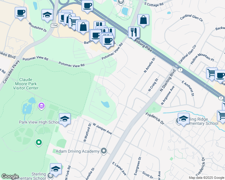 map of restaurants, bars, coffee shops, grocery stores, and more near 21914 Hawksbill High Circle in Sterling