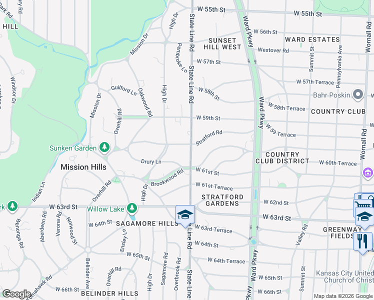 map of restaurants, bars, coffee shops, grocery stores, and more near 1900 Stratford Road in Mission Hills