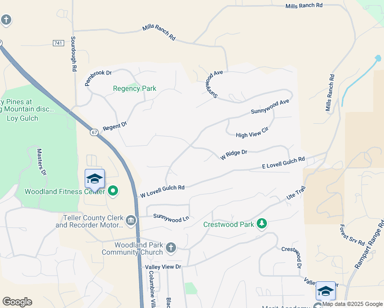 map of restaurants, bars, coffee shops, grocery stores, and more near 450 Ridge Drive in Woodland Park
