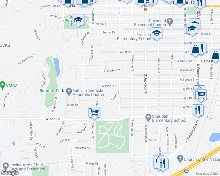 map of restaurants, bars, coffee shops, grocery stores, and more near 508 Sheridan Drive in Junction City