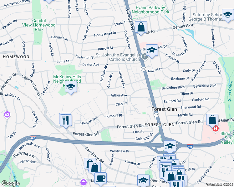 map of restaurants, bars, coffee shops, grocery stores, and more near 2311 Arthur Avenue in Silver Spring