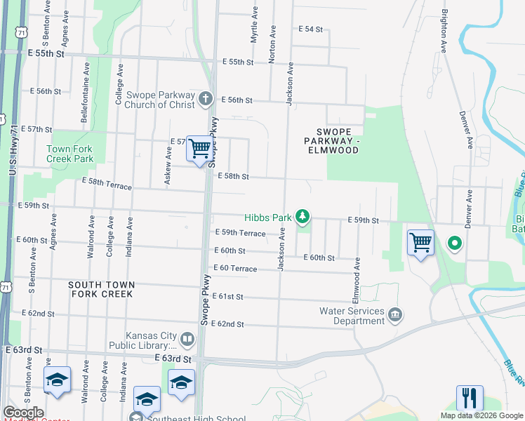 map of restaurants, bars, coffee shops, grocery stores, and more near 5830 Norton Avenue in Kansas City