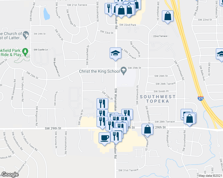 map of restaurants, bars, coffee shops, grocery stores, and more near 2641 Southwest Wanamaker Road in Topeka