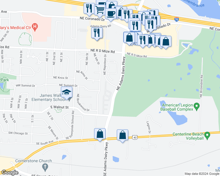 map of restaurants, bars, coffee shops, grocery stores, and more near 455 Northeast Adams Dairy Parkway in Blue Springs