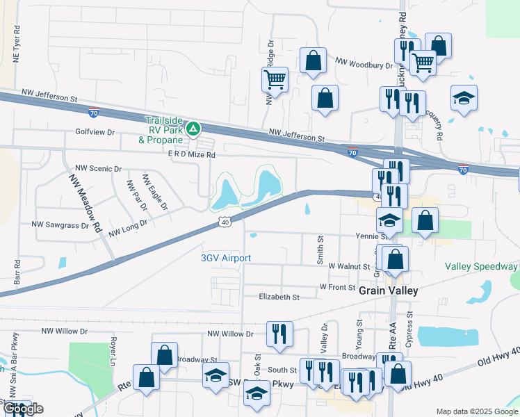 map of restaurants, bars, coffee shops, grocery stores, and more near U.S. 40 in Grain Valley