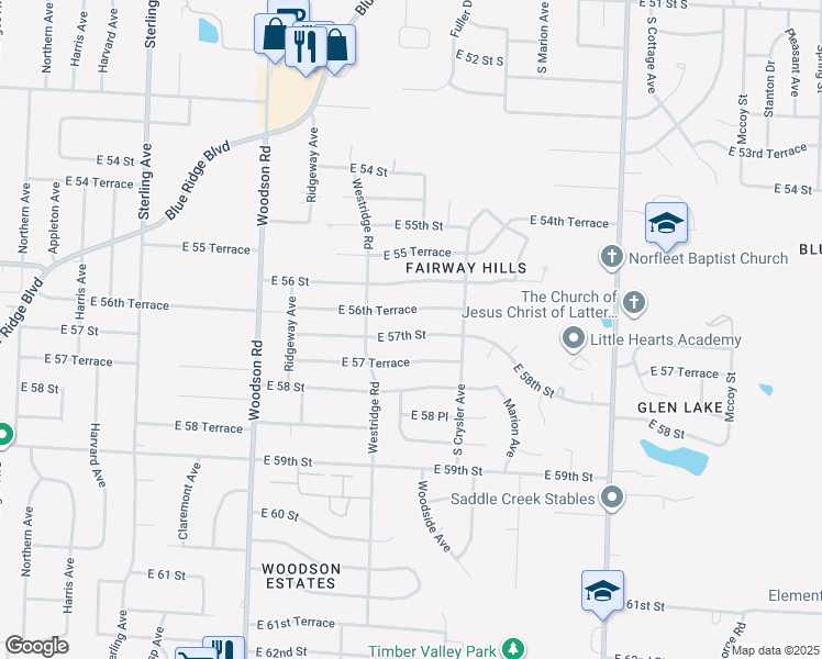 map of restaurants, bars, coffee shops, grocery stores, and more near 12106 East 57th Street in Kansas City