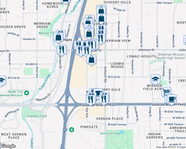 map of restaurants, bars, coffee shops, grocery stores, and more near 6040 Slater Street in Merriam