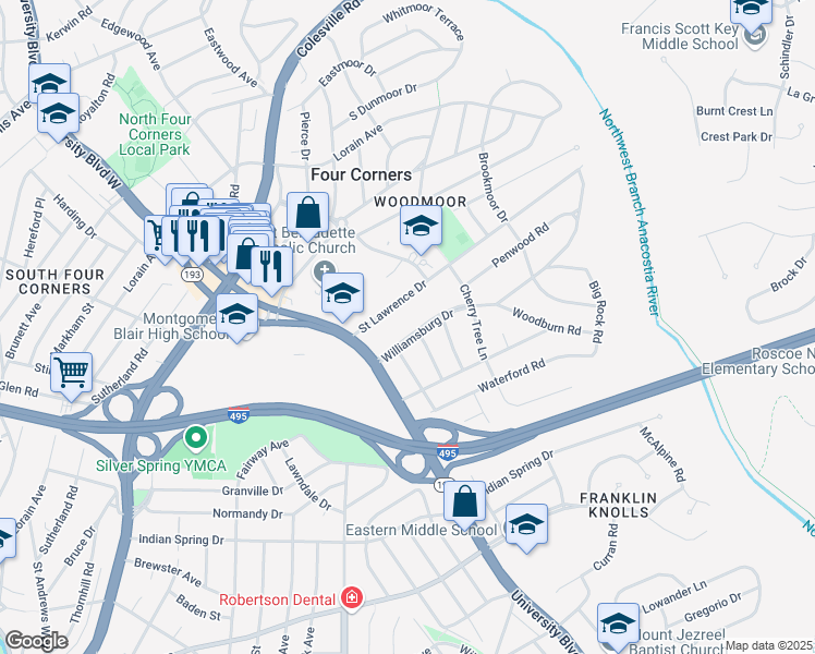 map of restaurants, bars, coffee shops, grocery stores, and more near 121 Williamsburg Drive in Silver Spring