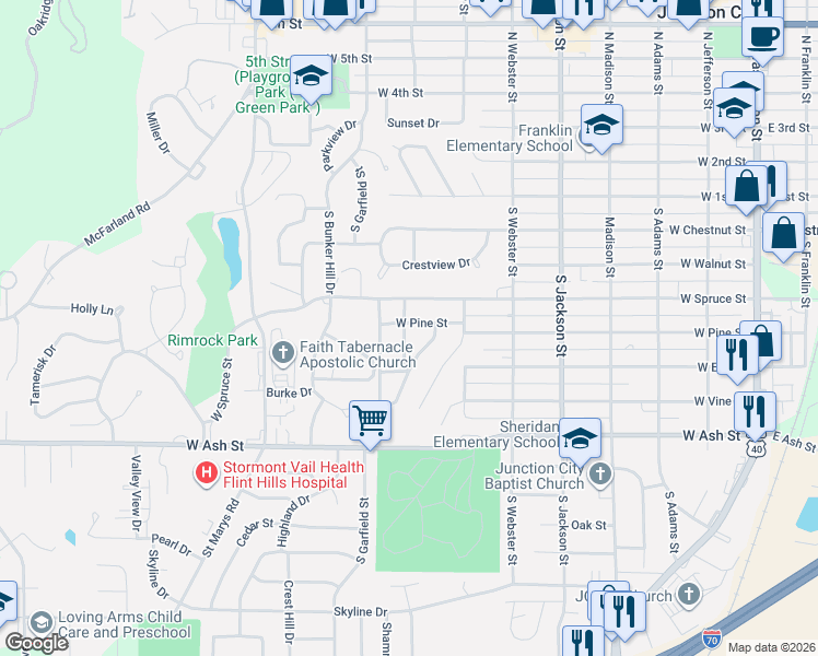 map of restaurants, bars, coffee shops, grocery stores, and more near 738 West Pine Street in Junction City