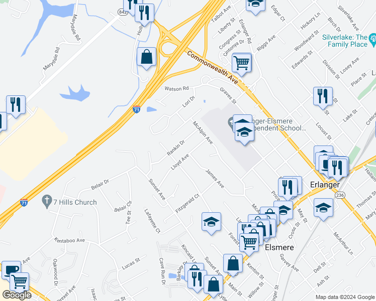 map of restaurants, bars, coffee shops, grocery stores, and more near 3920 Lloyd Avenue in Erlanger