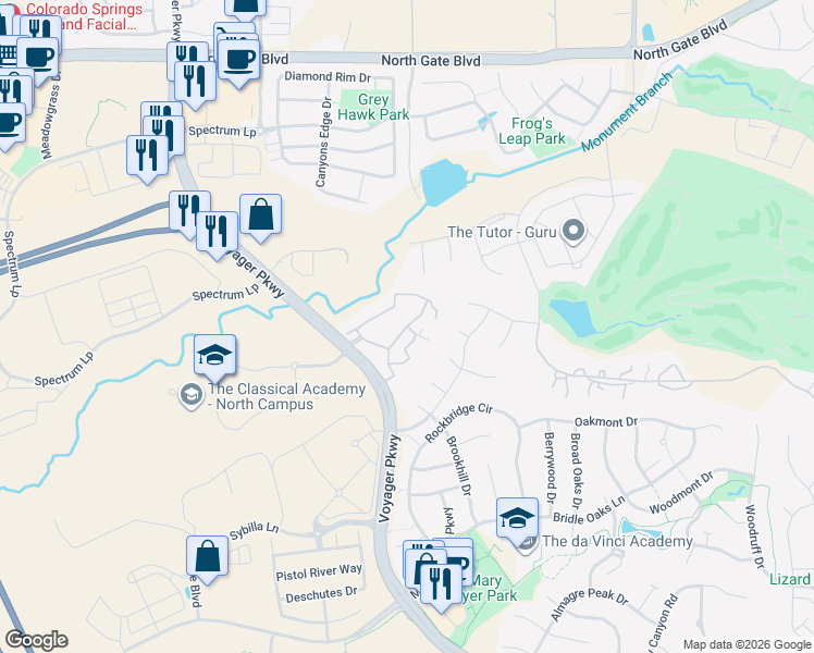 map of restaurants, bars, coffee shops, grocery stores, and more near 1048 Milano Point in Colorado Springs