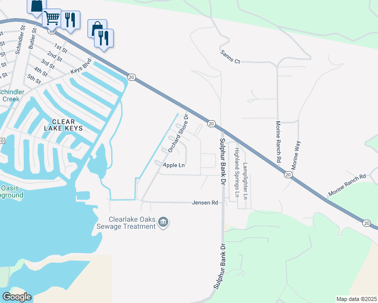 map of restaurants, bars, coffee shops, grocery stores, and more near 13942 Apple Lane in Clearlake Oaks
